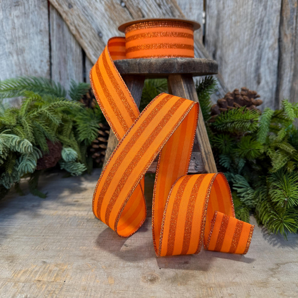 1.5" Orange glitter stripe ribbon, Halloween Ribbon, Fall Ribbon