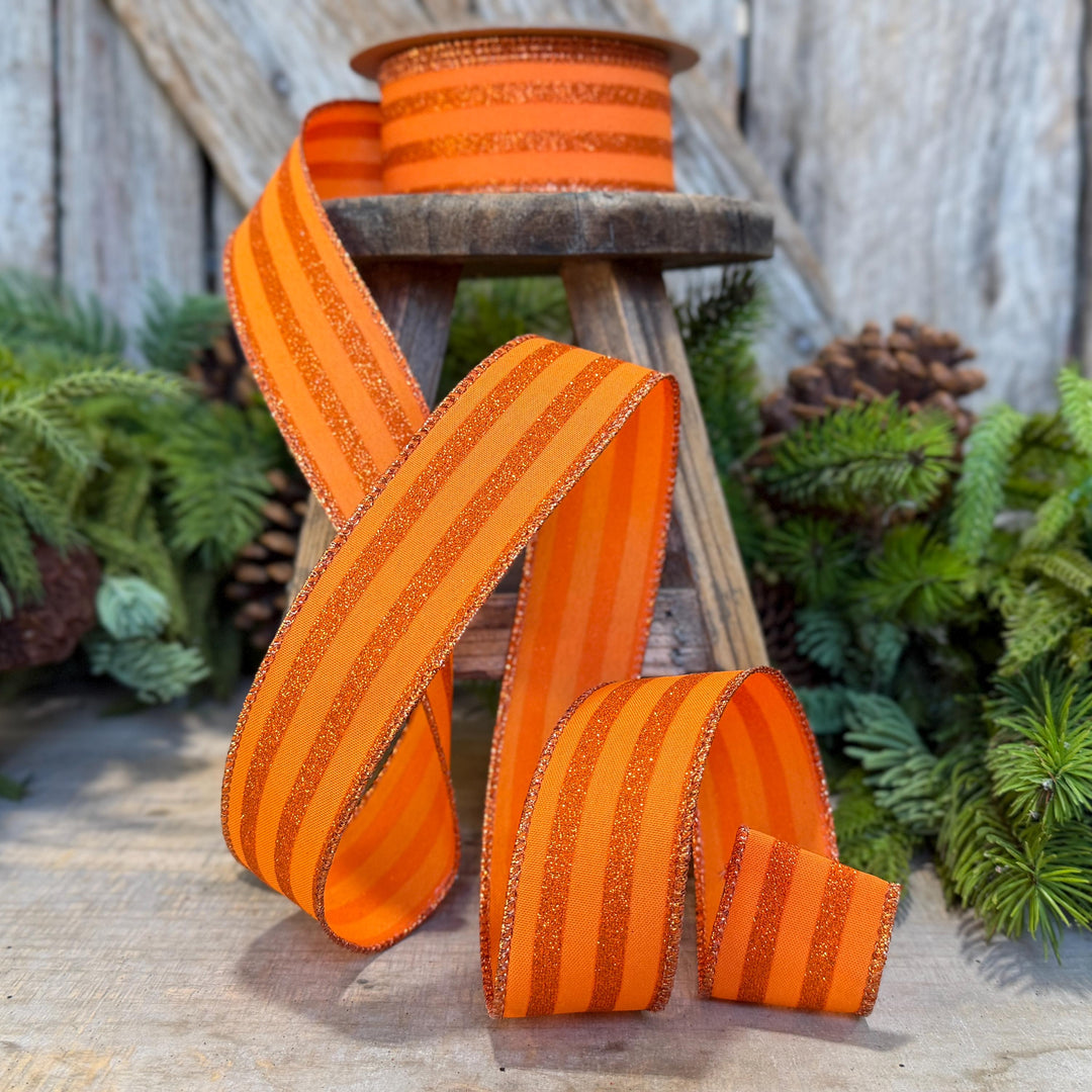 1.5" Orange glitter stripe ribbon, Halloween Ribbon, Fall Ribbon