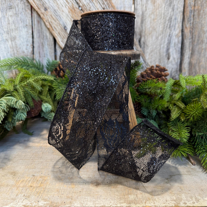 2.5" Black Glitter Lace ribbon, Halloween Ribbon, Black Halloween Lace Ribbon