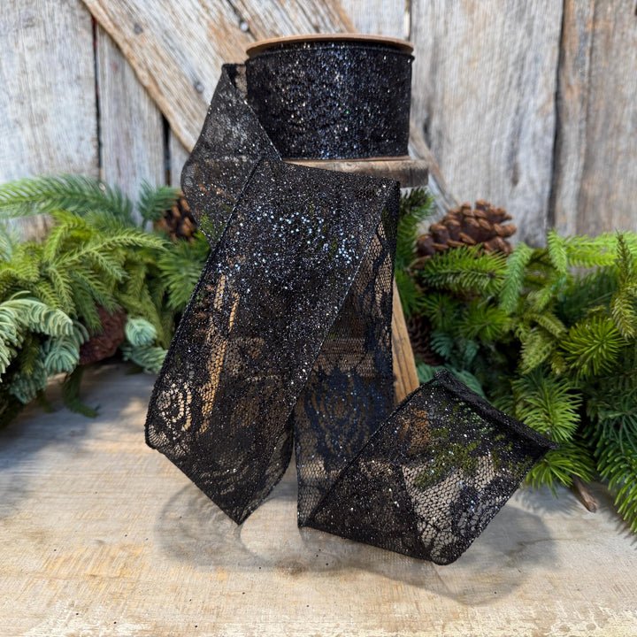 2.5" Black Glitter Lace ribbon, Halloween Ribbon, Black Halloween Lace Ribbon
