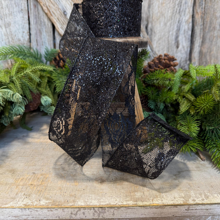 2.5" Black Glitter Lace ribbon, Halloween Ribbon, Black Halloween Lace Ribbon
