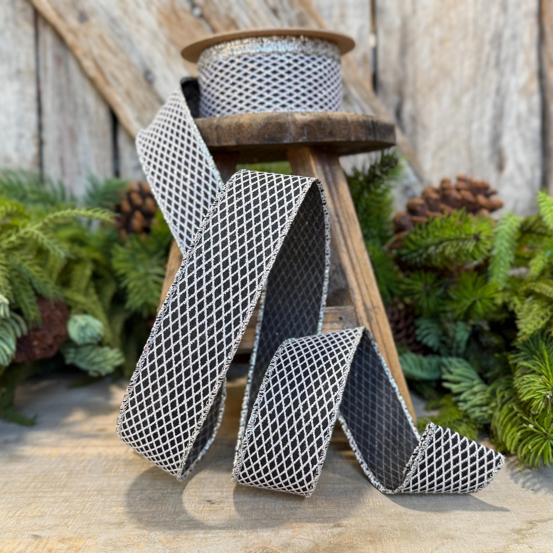 1.5" Black Silver Harlequin Ribbon, Halloween Ribbon