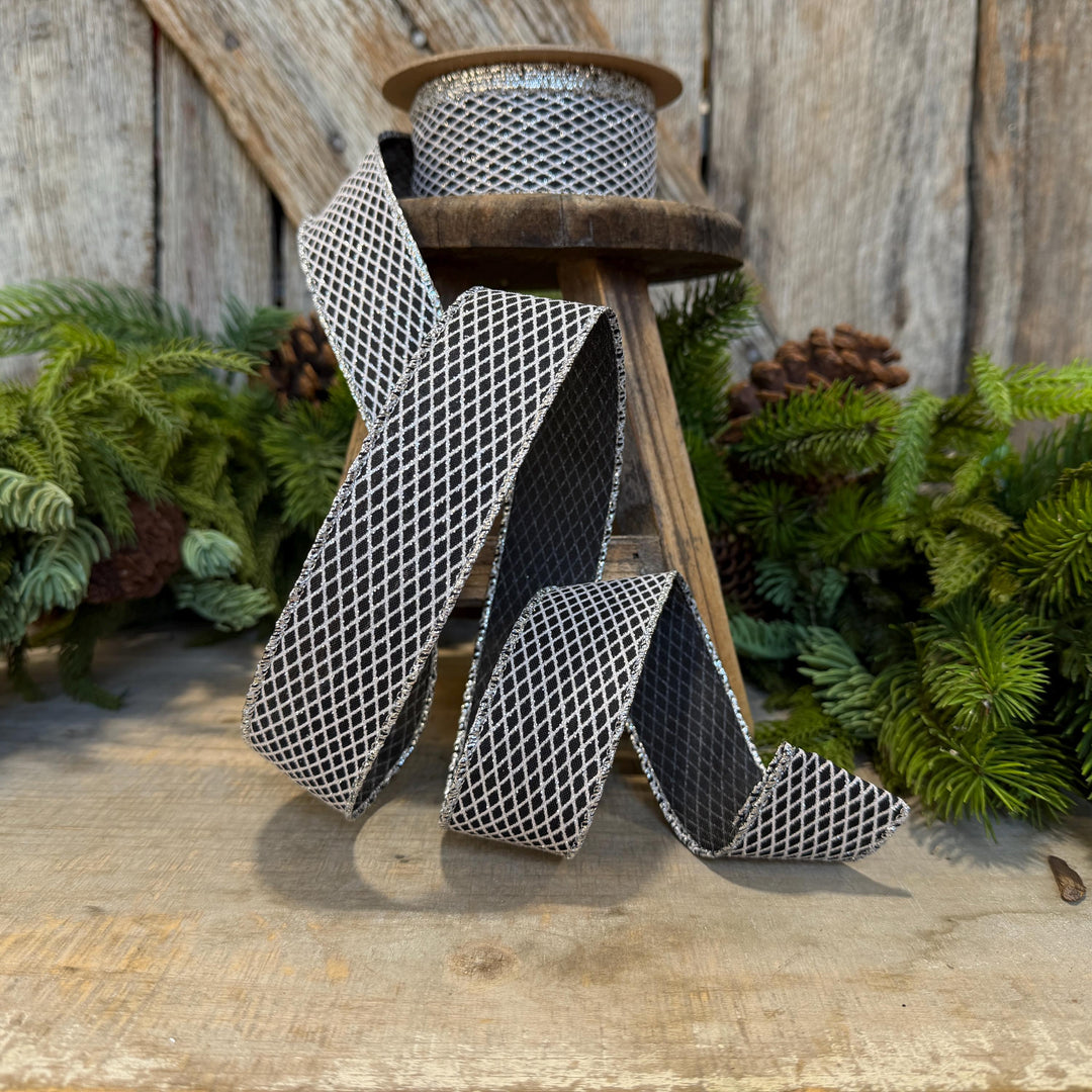 1.5" Black Silver Harlequin Ribbon, Halloween Ribbon