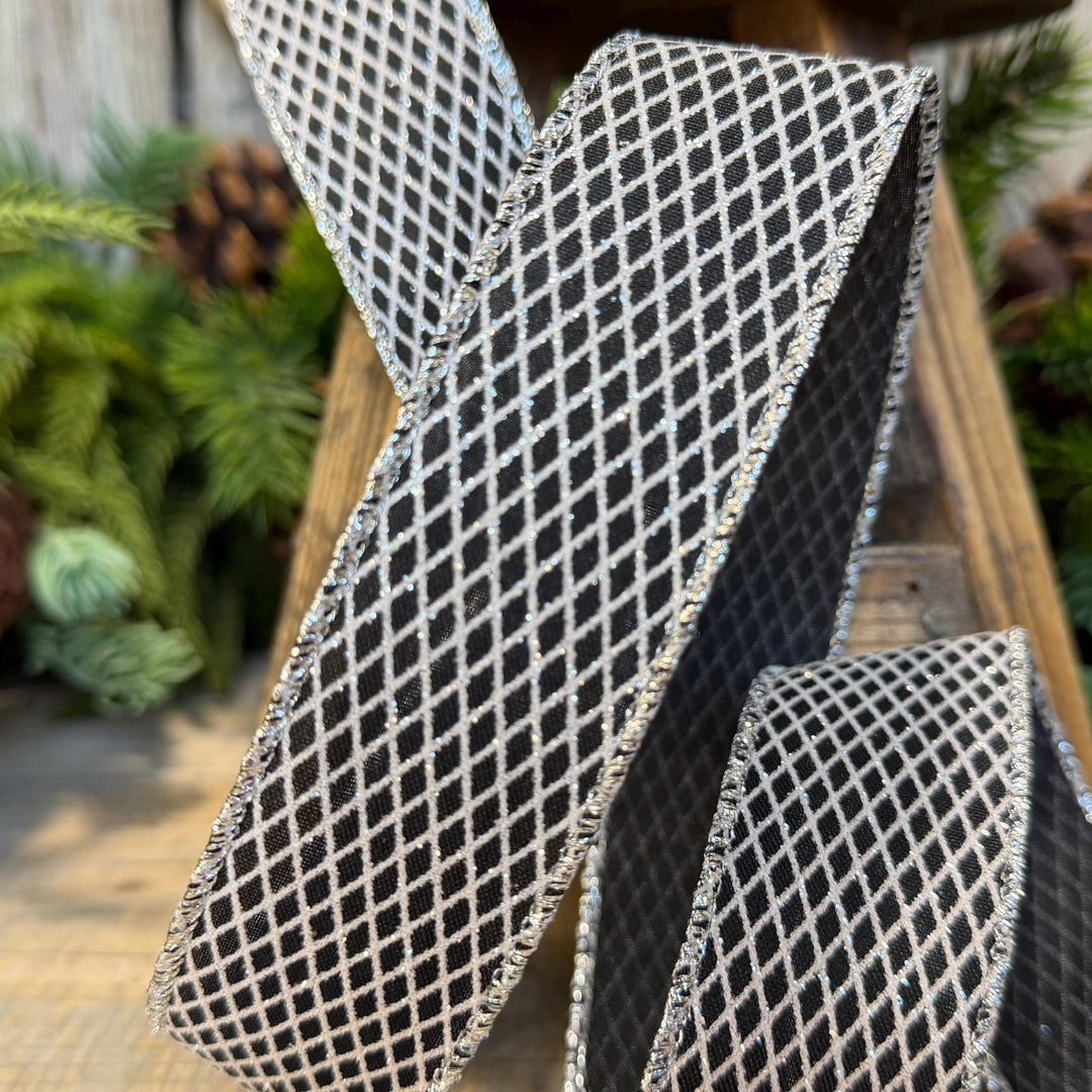 1.5" Black Silver Harlequin Ribbon, Halloween Ribbon