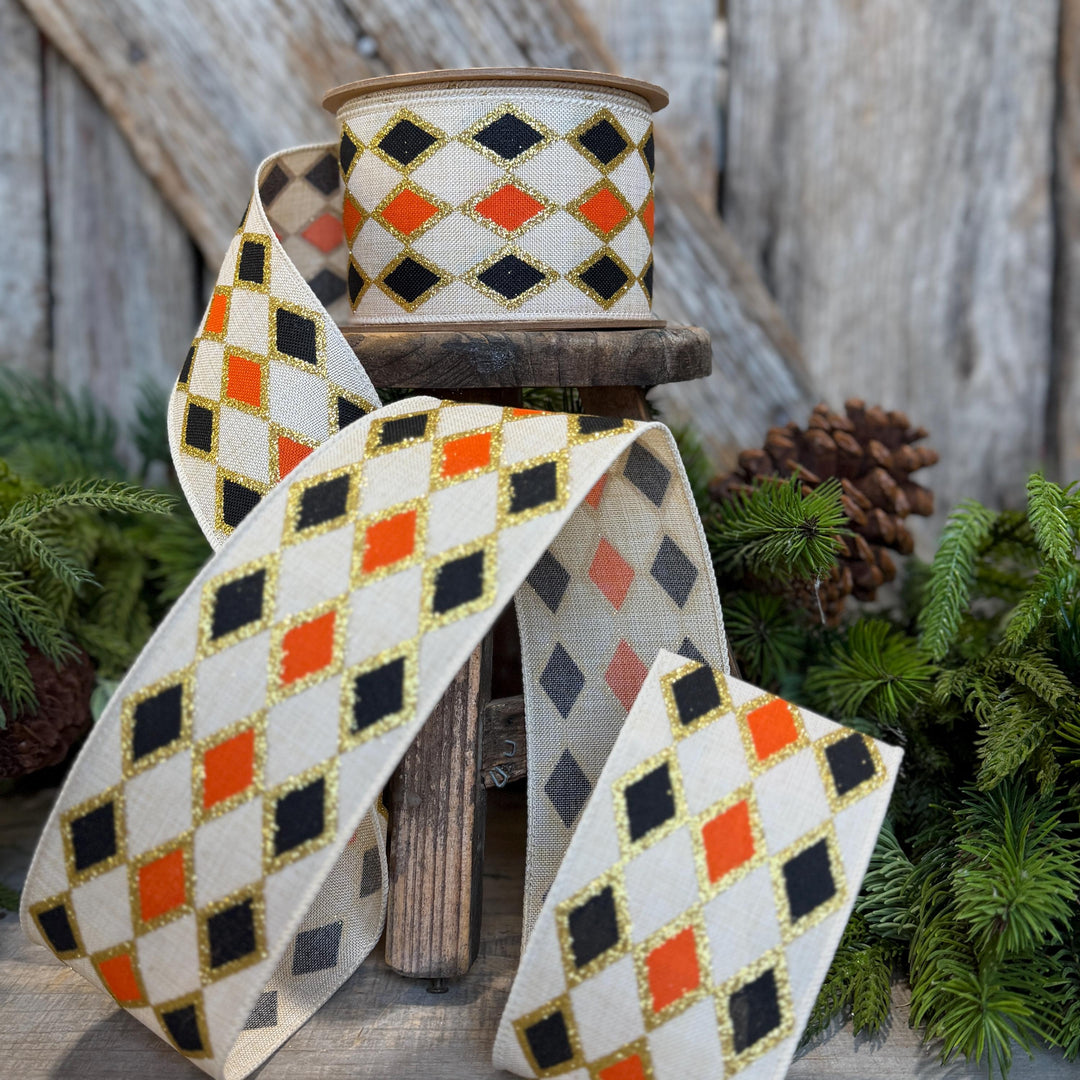 2.5" Harlequin Halloween Ribbon, Orange Black Ribbon