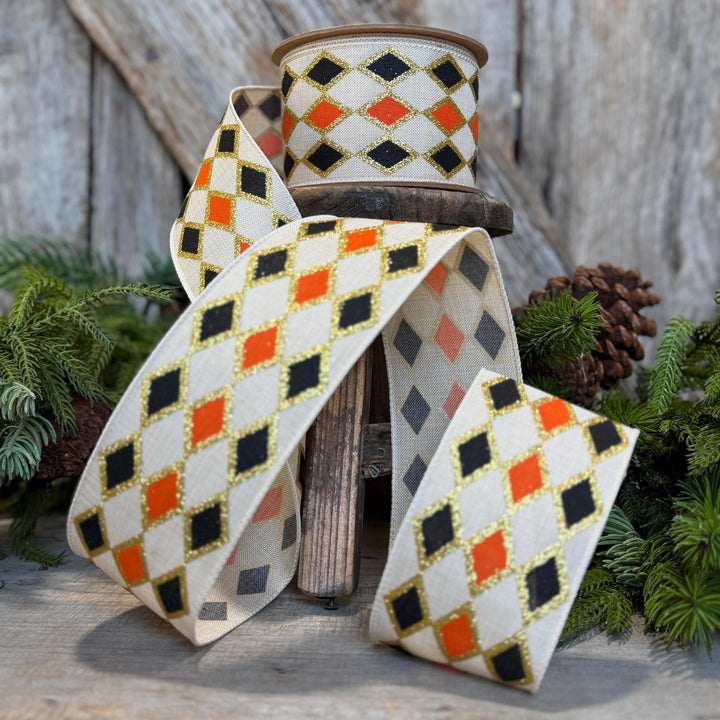2.5" Harlequin Halloween Ribbon, Orange Black Ribbon