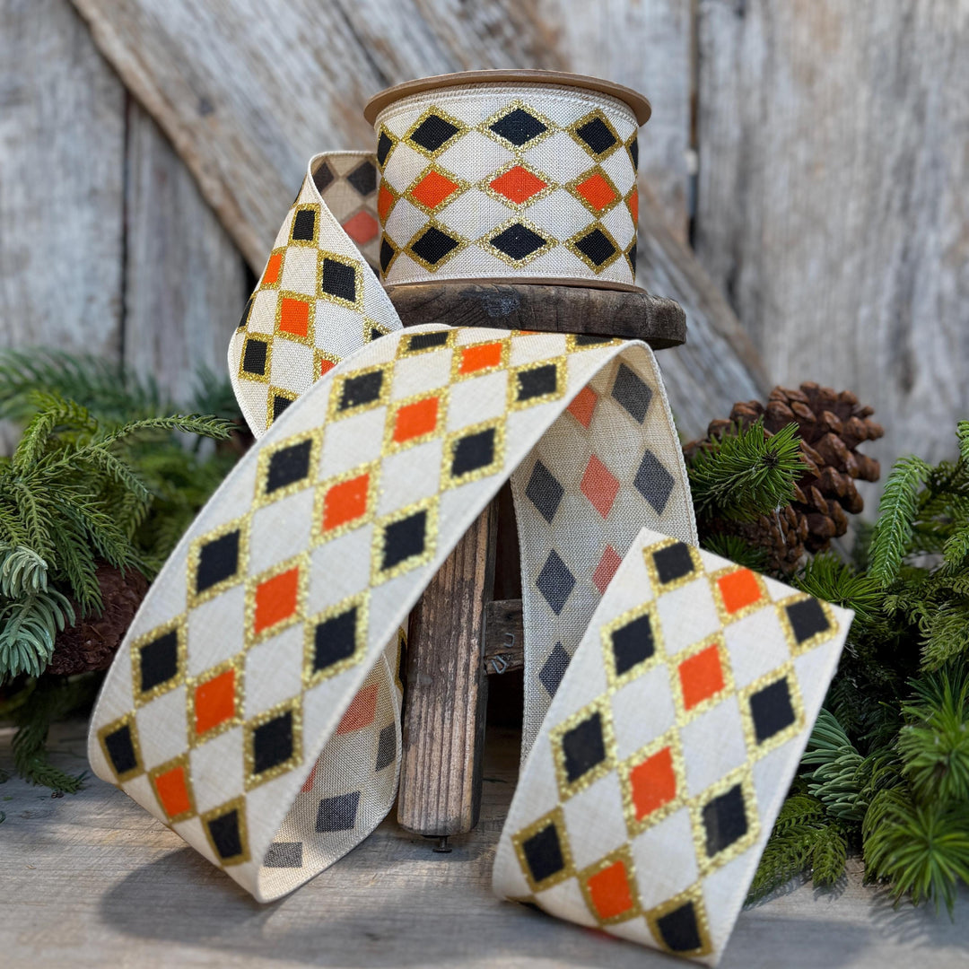 2.5" Harlequin Halloween Ribbon, Orange Black Ribbon