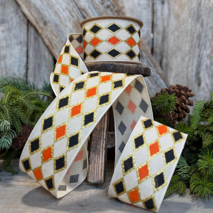 2.5" Harlequin Halloween Ribbon, Orange Black Ribbon