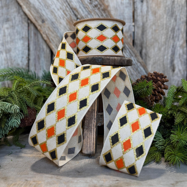 2.5" Harlequin Halloween Ribbon, Orange Black Ribbon