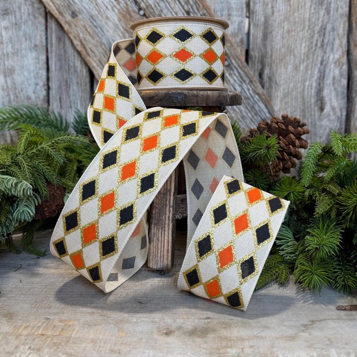 2.5" Harlequin Halloween Ribbon, Orange Black Ribbon