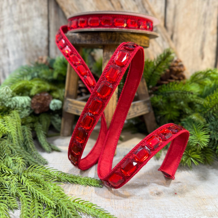 1" Red Jeweled Ribbon, Farrisilk Emerald Cut Ribbon, Christmas Ribbon, RJ017-02