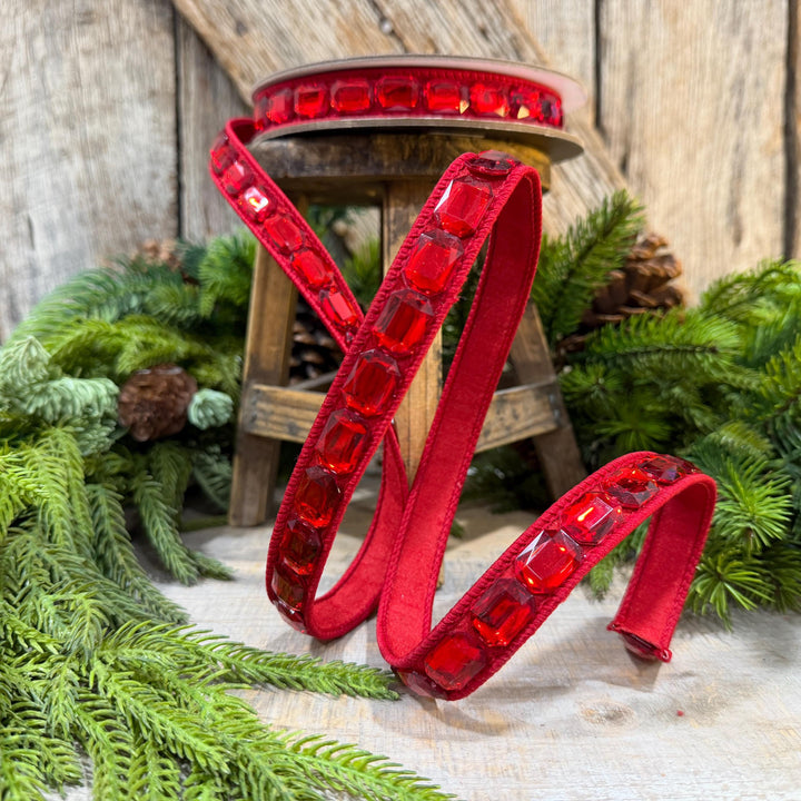 1" Red Jeweled Ribbon, Farrisilk Emerald Cut Ribbon, Christmas Ribbon, RJ017-02