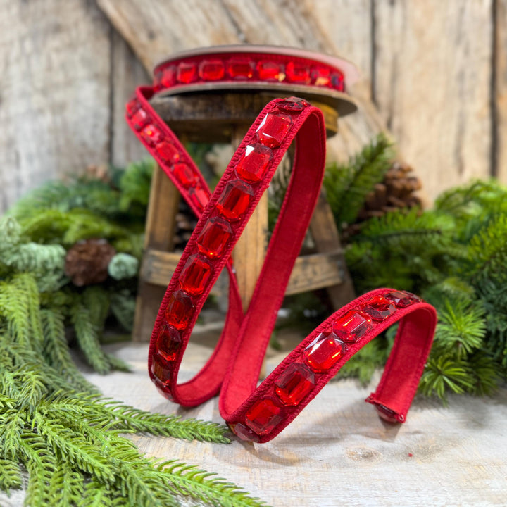 1" Red Jeweled Ribbon, Farrisilk Emerald Cut Ribbon, Christmas Ribbon, RJ017-02