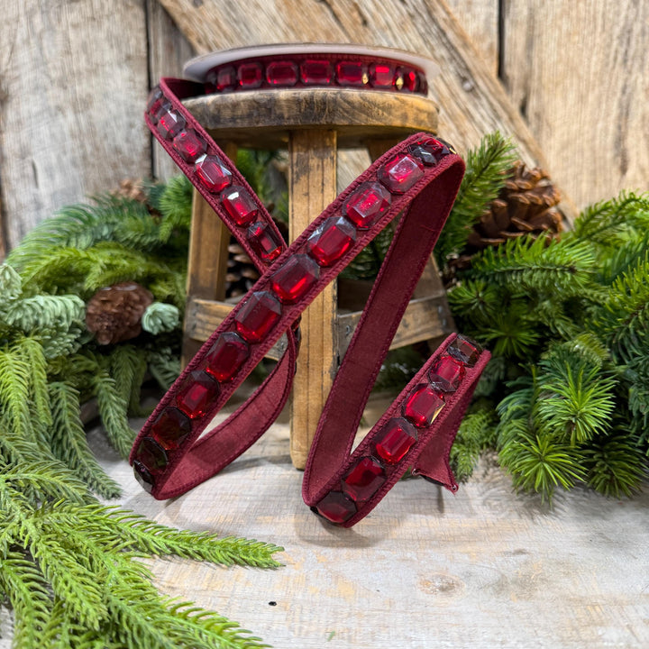 1" Burgundy Jeweled Ribbon, Farrisilk Emerald Cut Ribbon, Christmas Ribbon, RJ017-11