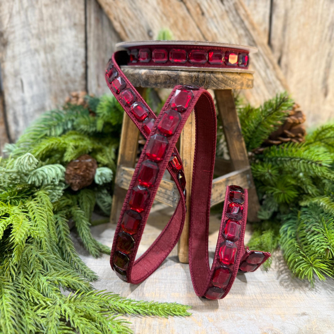 1" Burgundy Jeweled Ribbon, Farrisilk Emerald Cut Ribbon, Christmas Ribbon, RJ017-11