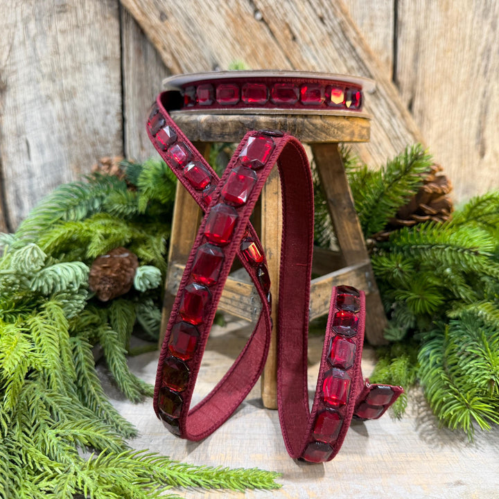 1" Burgundy Jeweled Ribbon, Farrisilk Emerald Cut Ribbon, Christmas Ribbon, RJ017-11