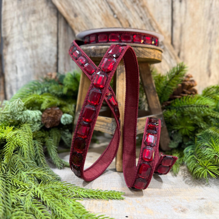 1" Burgundy Jeweled Ribbon, Farrisilk Emerald Cut Ribbon, Christmas Ribbon, RJ017-11
