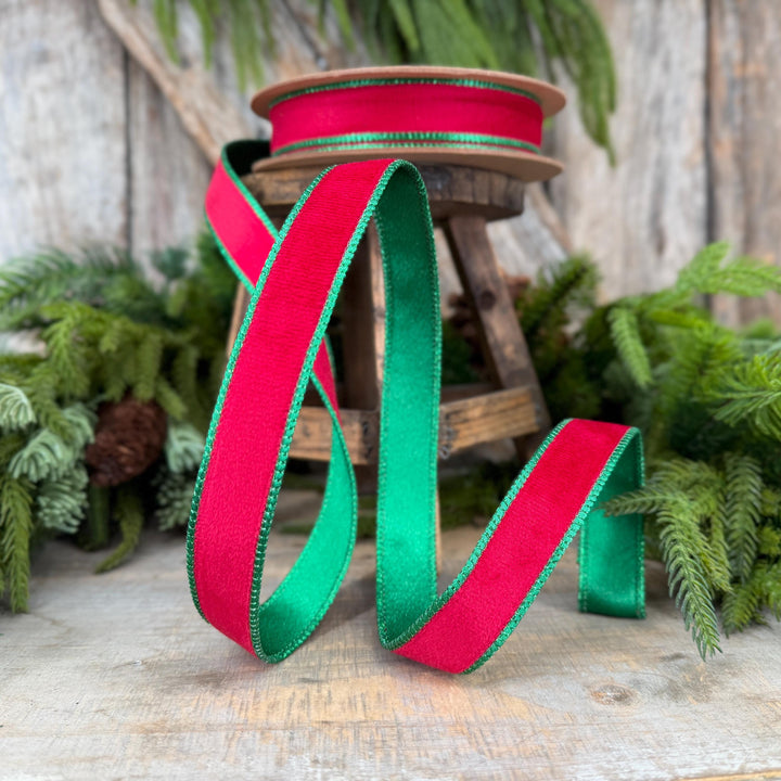 1" Red Green Velvet Ribbon, Red Velvet Ribbon, Christmas RIbbon