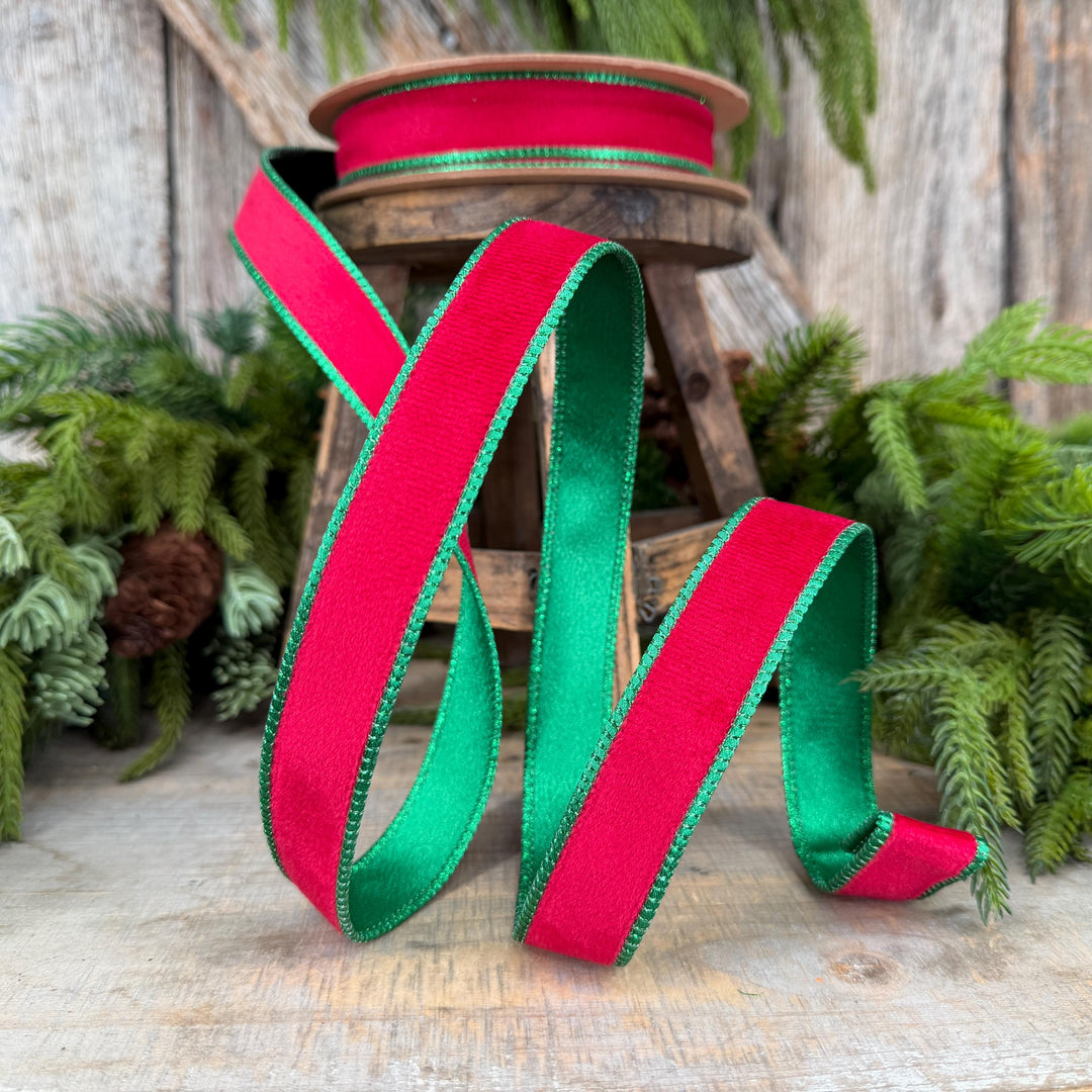 1" Red Green Velvet Ribbon, Red Velvet Ribbon, Christmas RIbbon