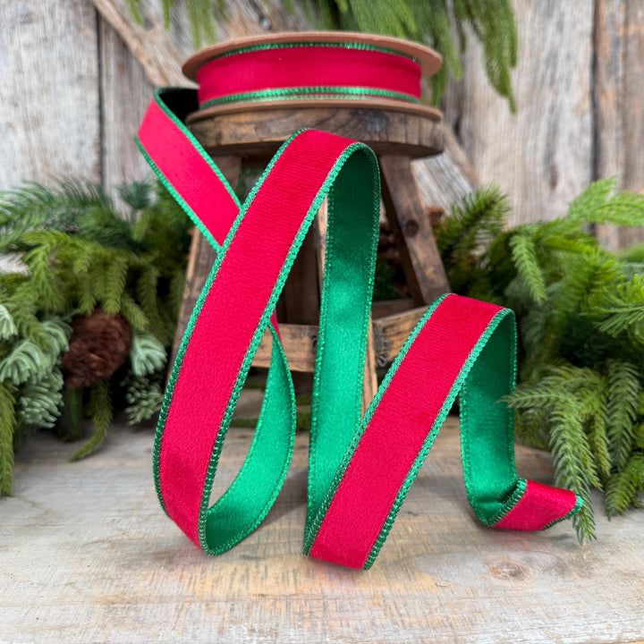 1" Red Green Velvet Ribbon, Red Velvet Ribbon, Christmas RIbbon
