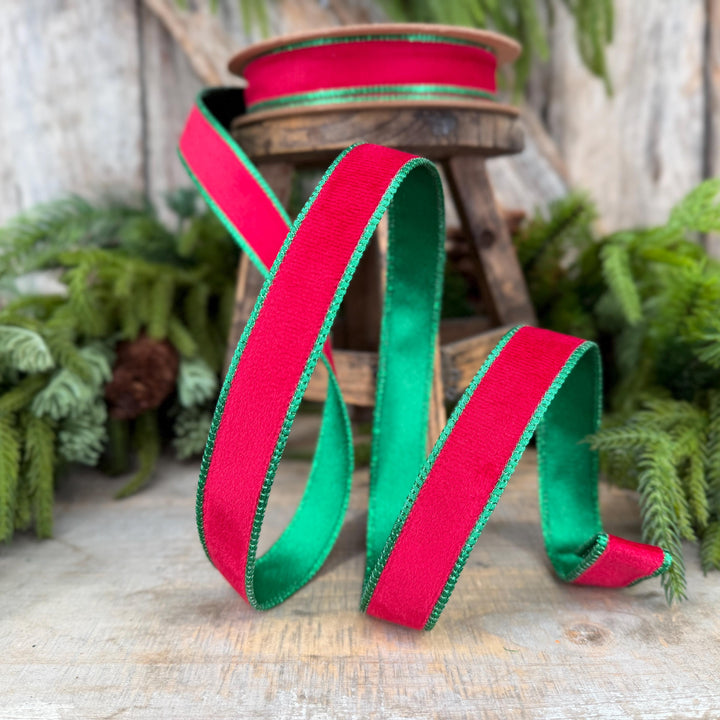 1" Red Green Velvet Ribbon, Red Velvet Ribbon, Christmas RIbbon