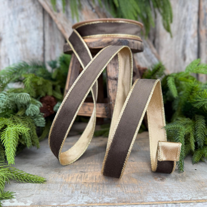 1" Taupe Brown Velvet RIbbon, Wired Ribbon, Brown Velvet Ribbon
