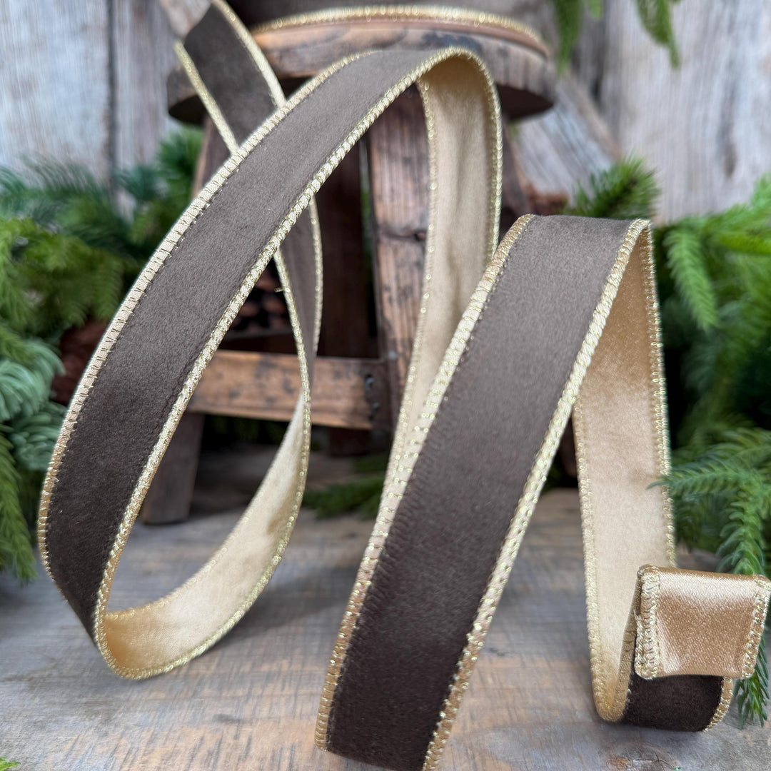 1" Taupe Brown Velvet RIbbon, Wired Ribbon, Brown Velvet Ribbon