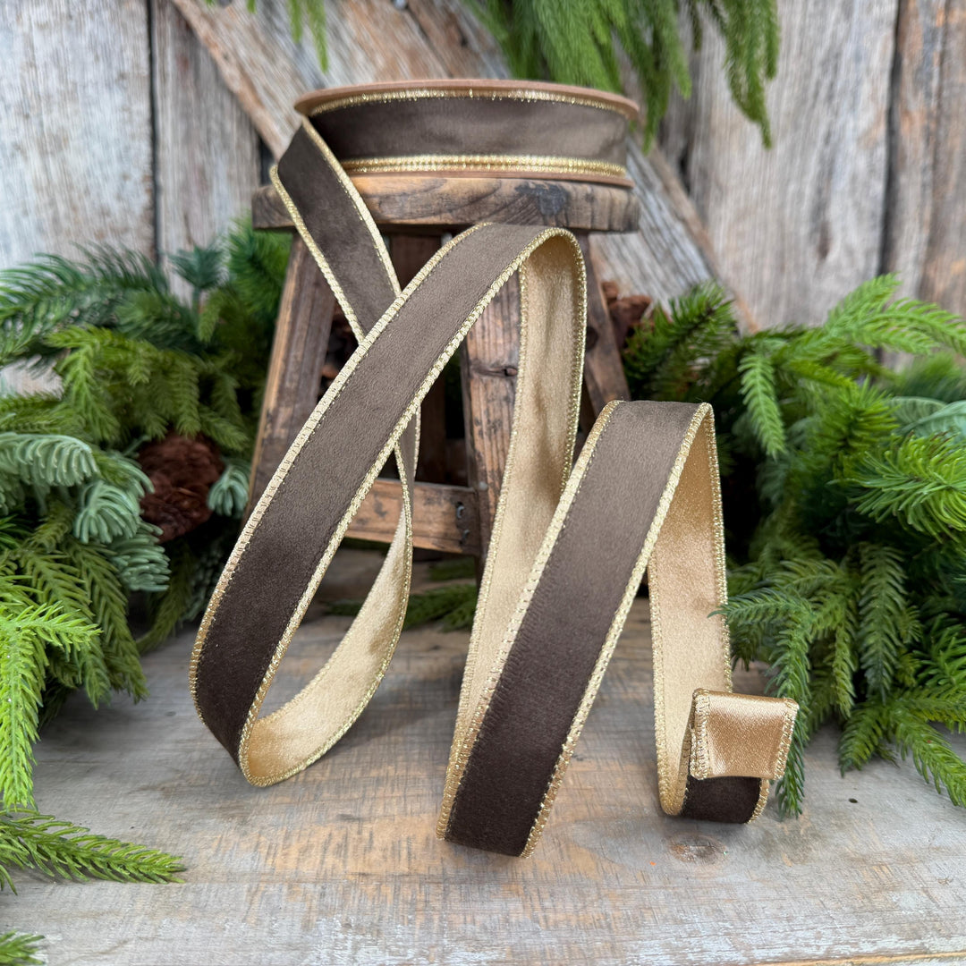 1" Taupe Brown Velvet RIbbon, Wired Ribbon, Brown Velvet Ribbon