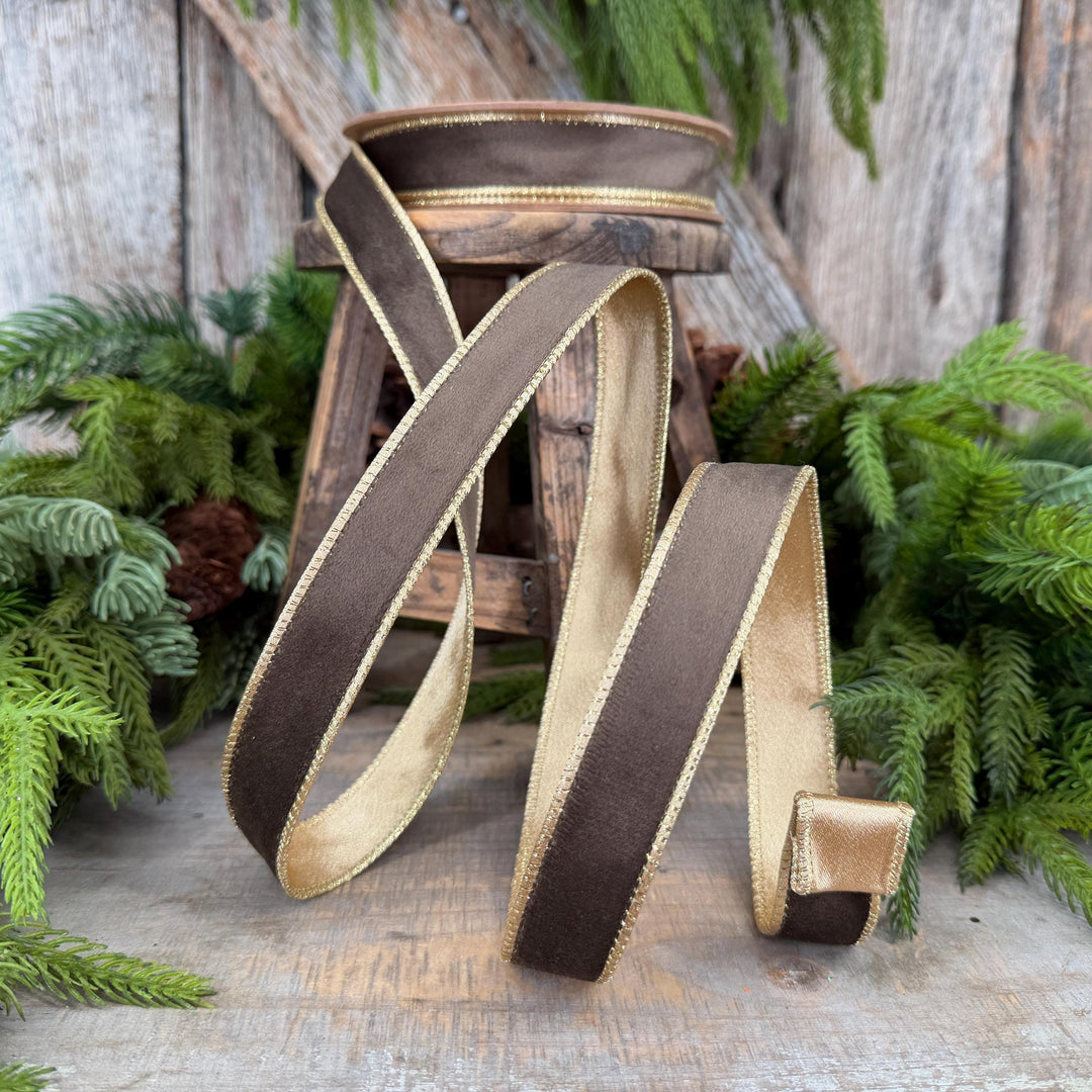 1" Taupe Brown Velvet RIbbon, Wired Ribbon, Brown Velvet Ribbon