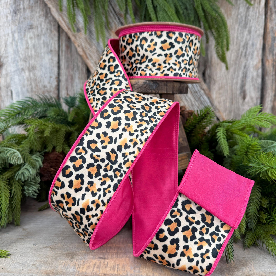 2.5" Leopard Velvet Wired Ribbon, Hot Pink Backing, 10 Yard Roll