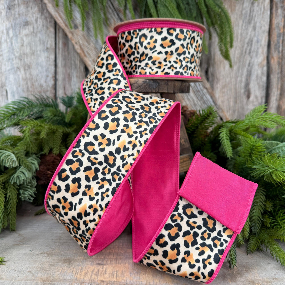 2.5" Leopard Velvet Wired Ribbon, Hot Pink Backing, 10 Yard Roll