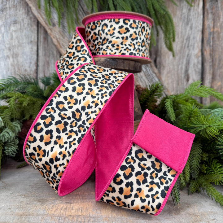 2.5" Leopard Velvet Wired Ribbon, Hot Pink Backing, 10 Yard Roll