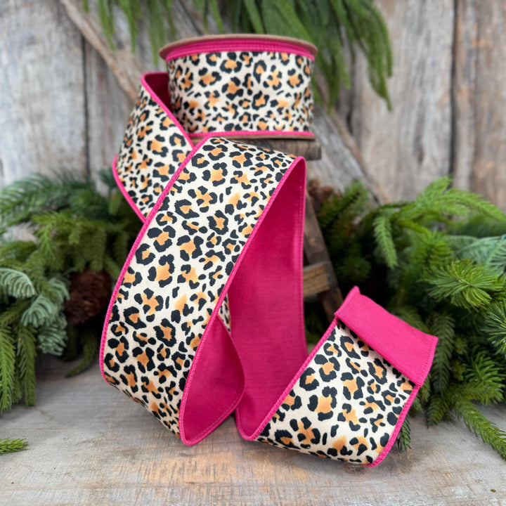 2.5" Leopard Velvet Wired Ribbon, Hot Pink Backing, 10 Yard Roll