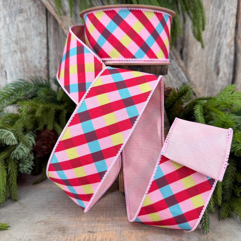2.5" Pink Red Blue Christmas Plaid Wired Ribbon