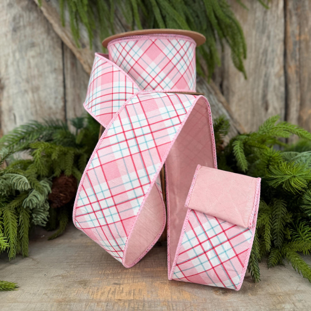 2.5" Pink Red White Plaid Wired Ribbon, Christmas