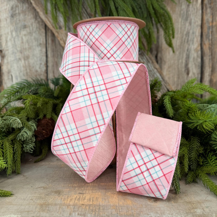 2.5" Pink Red White Plaid Wired Ribbon, Christmas