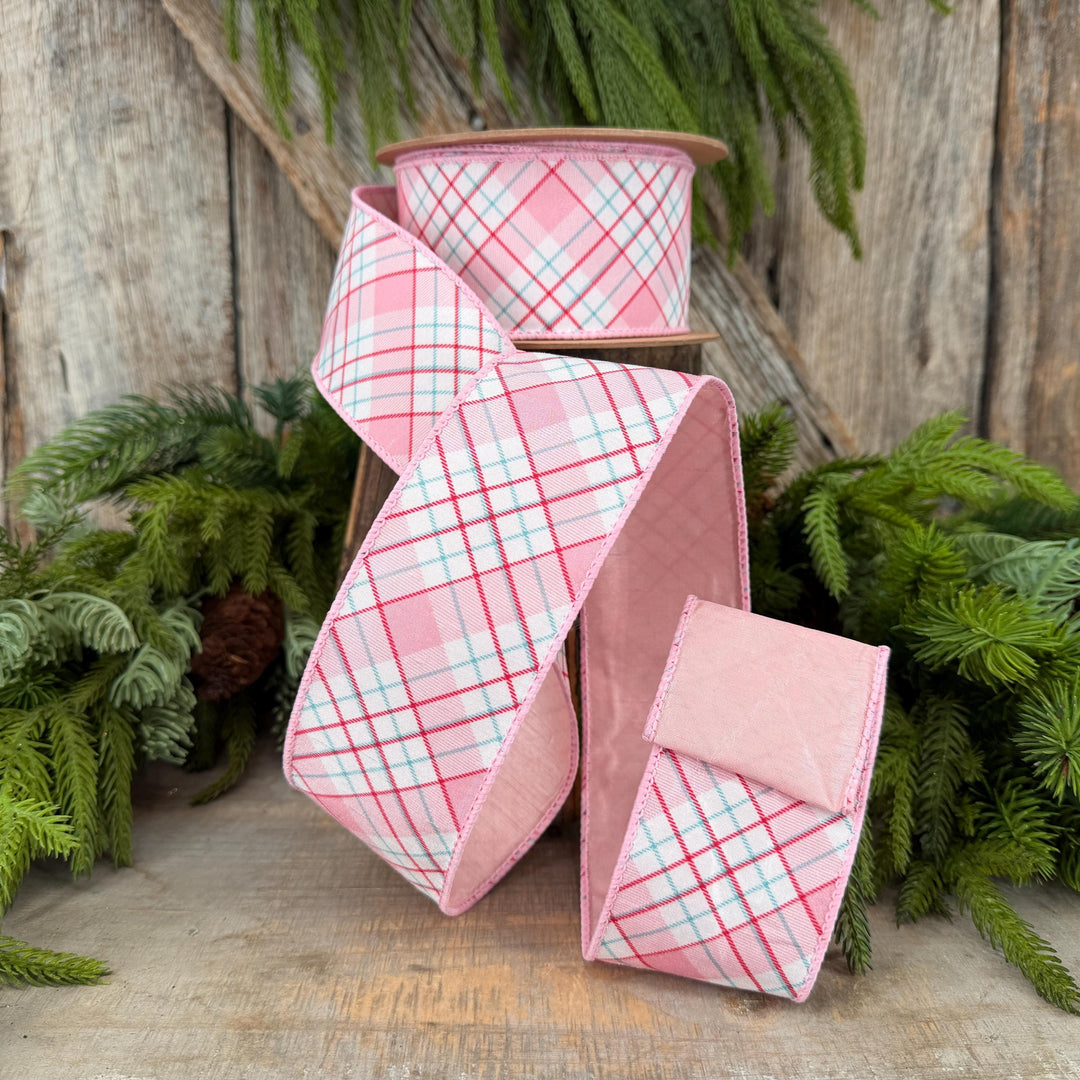 2.5" Pink Red White Plaid Wired Ribbon, Christmas