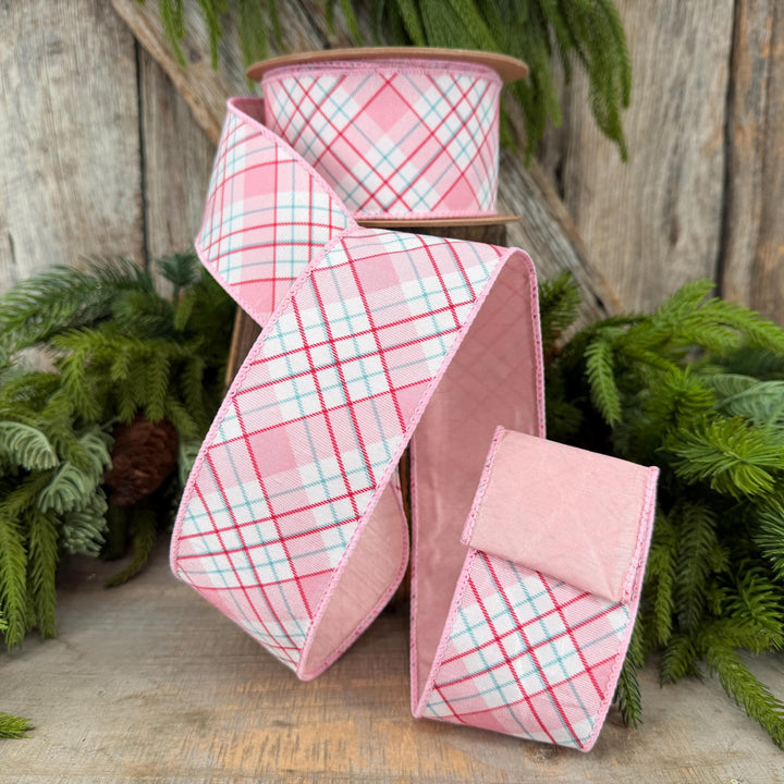 2.5" Pink Red White Plaid Wired Ribbon, Christmas