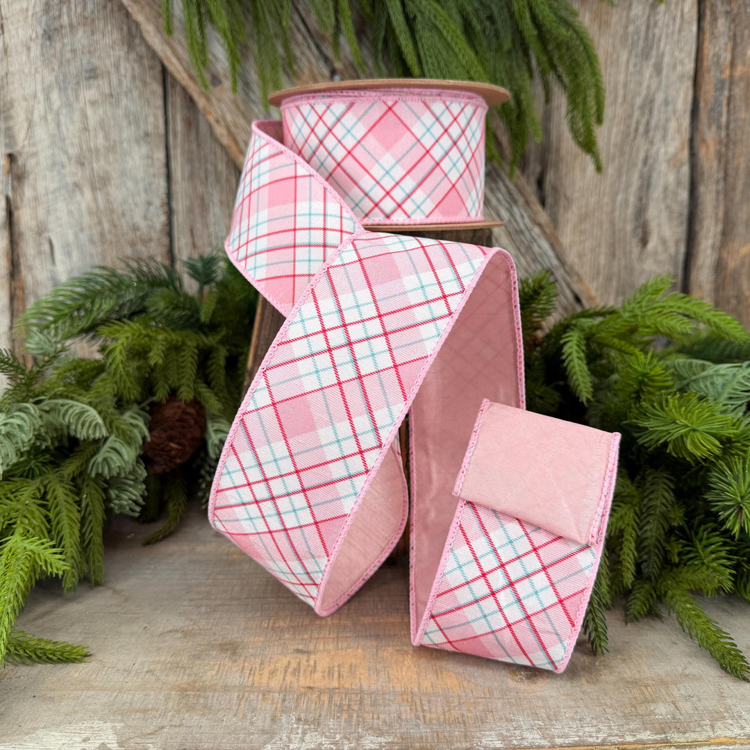 2.5" Pink Red White Plaid Wired Ribbon, Christmas