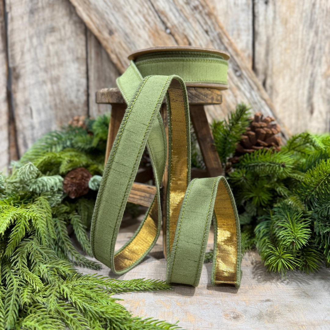 1" Moss Green Ribbon, Green and Gold Ribbon, Fall Ribbon, Christmas Ribbon