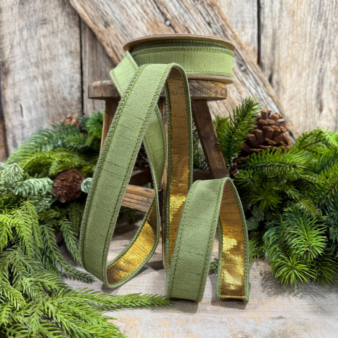 1" Moss Green Ribbon, Green and Gold Ribbon, Fall Ribbon, Christmas Ribbon