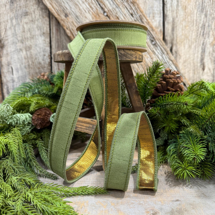 1" Moss Green Ribbon, Green and Gold Ribbon, Fall Ribbon, Christmas Ribbon