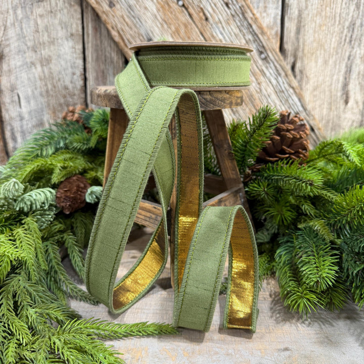 1" Moss Green Ribbon, Green and Gold Ribbon, Fall Ribbon, Christmas Ribbon
