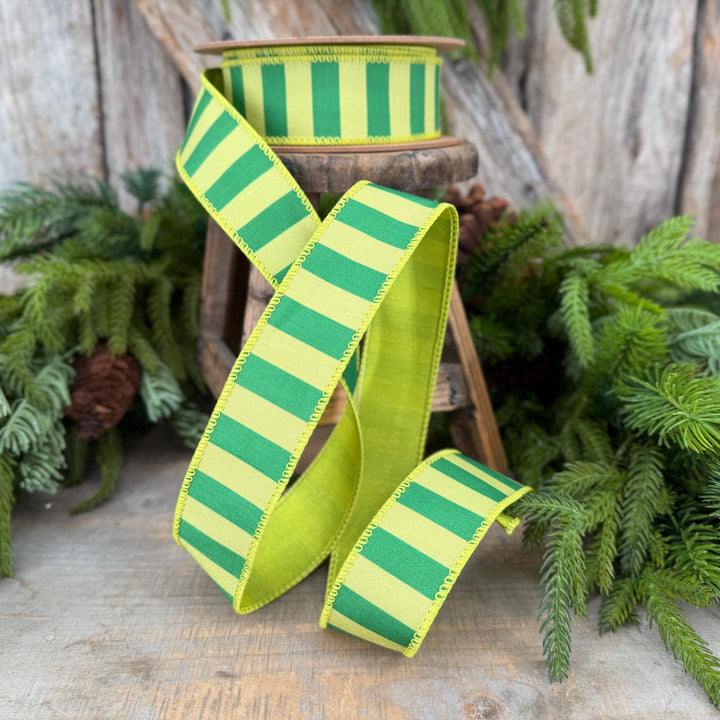 1.5" Lime Green Striped Ribbon, Christmas Color Block