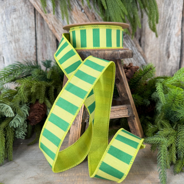 1.5" Lime Green Striped Ribbon, Christmas Color Block