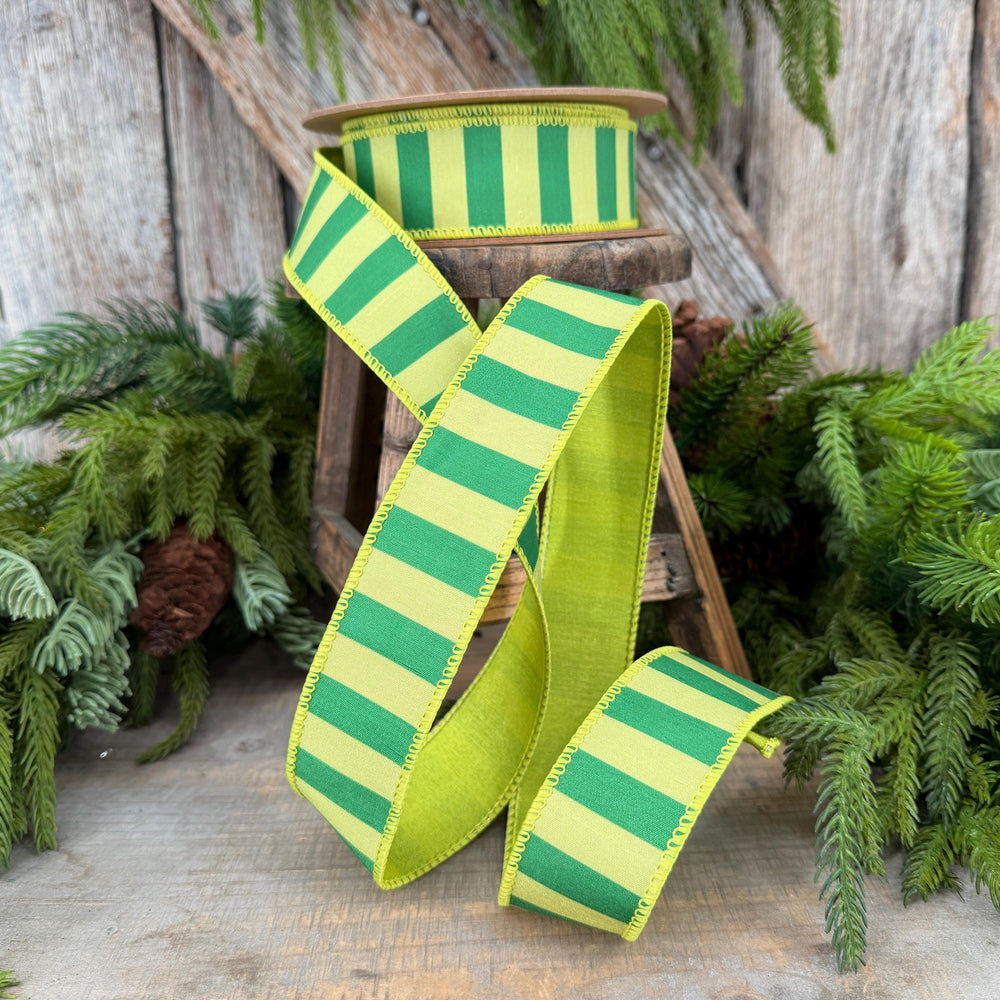1.5" Lime Green Striped Ribbon, Christmas Color Block