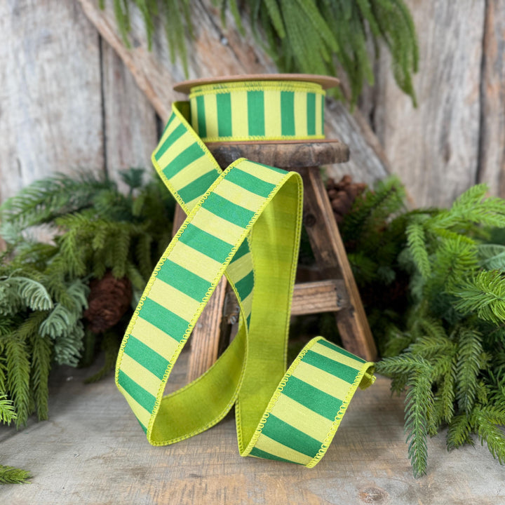 1.5" Lime Green Striped Ribbon, Christmas Color Block