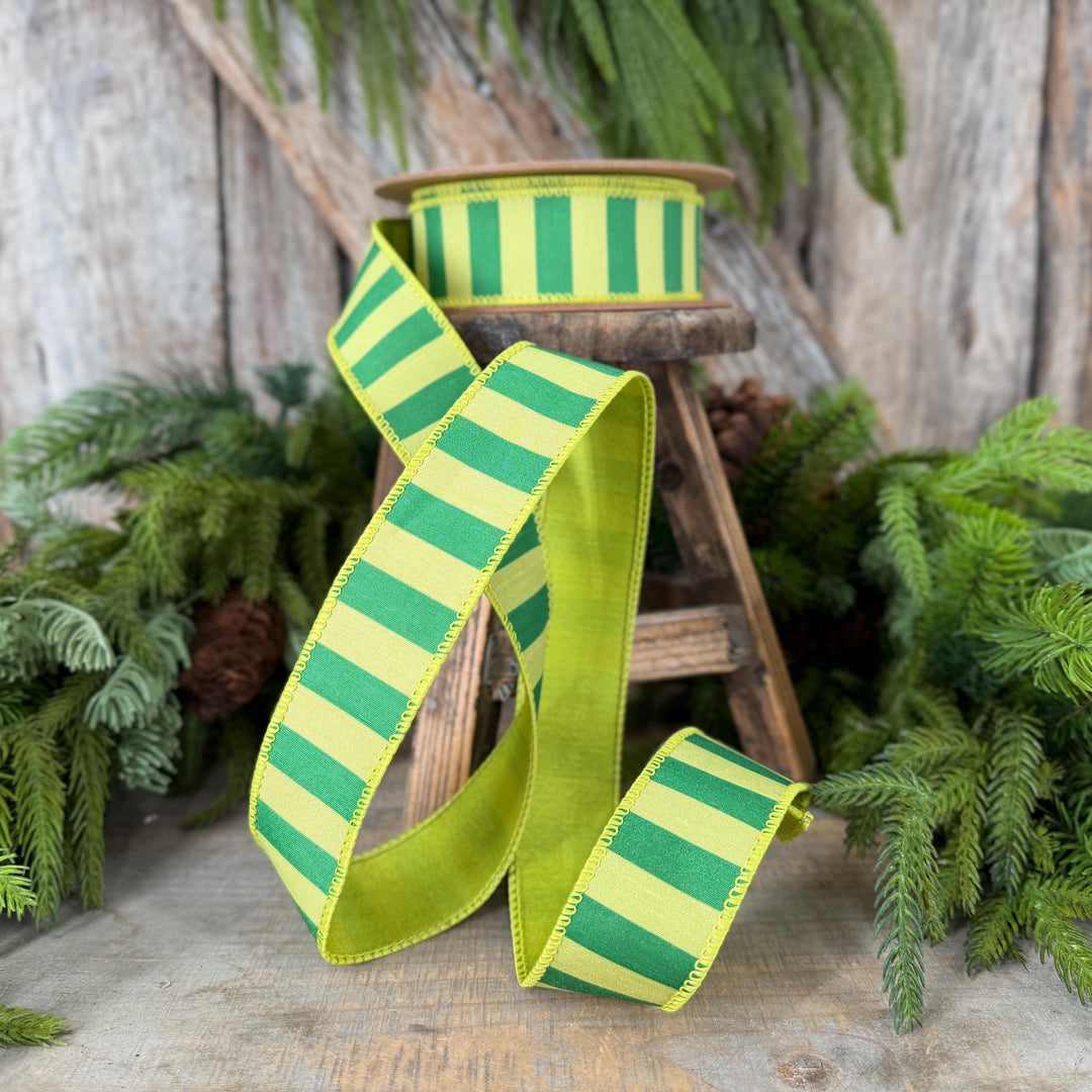 1.5" Lime Green Striped Ribbon, Christmas Color Block