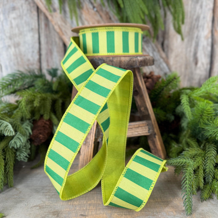 1.5" Lime Green Striped Ribbon, Christmas Color Block