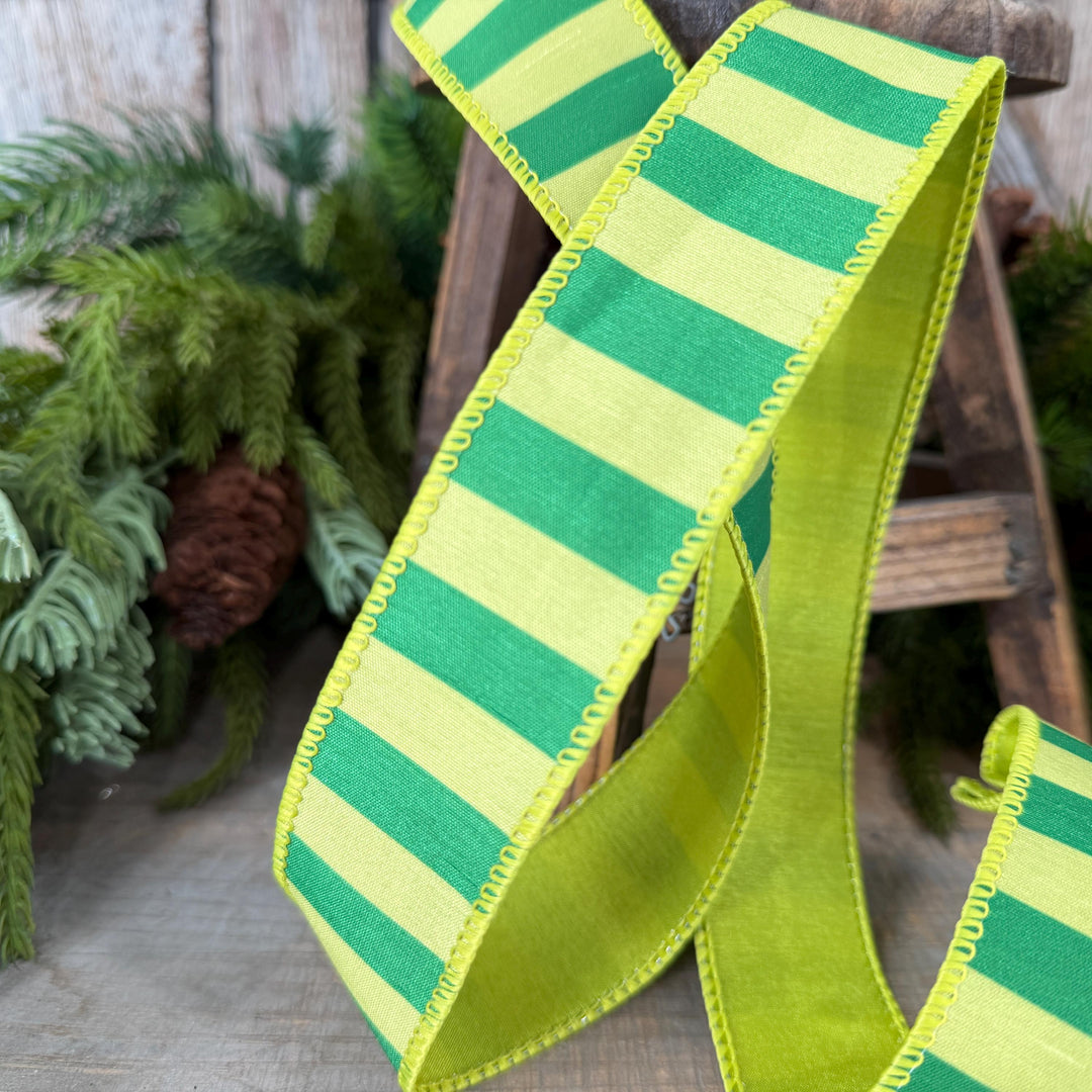 1.5" Lime Green Striped Ribbon, Christmas Color Block
